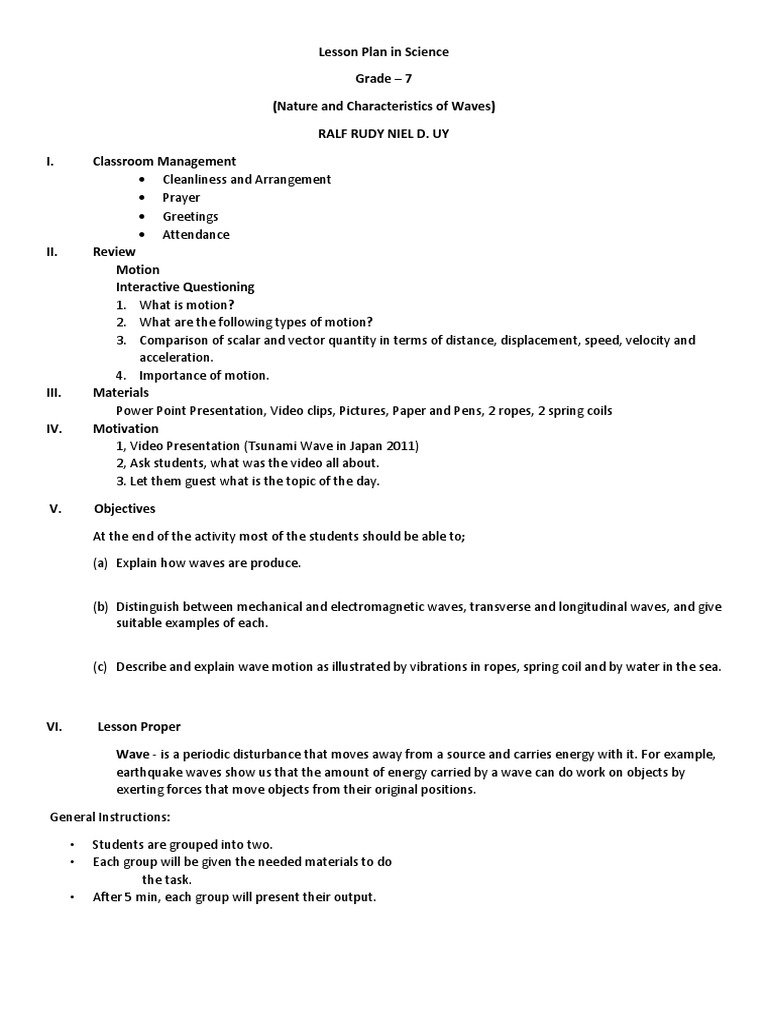 Waves Lesson Plan for Grade 7 | PDF | Waves | Soil