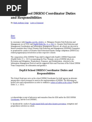 Deped School Drrm Coordinator Duties And Responsibilities | Pdf | Emergency  Management | Disaster Risk Reduction