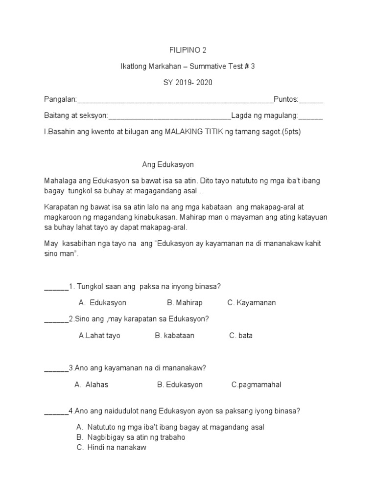 Filipino 2 Summative Test 3 Pdf