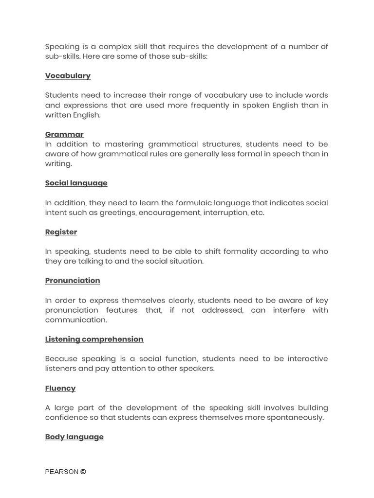 Speaking Sub Skills PDF Fluency Psychological Concepts