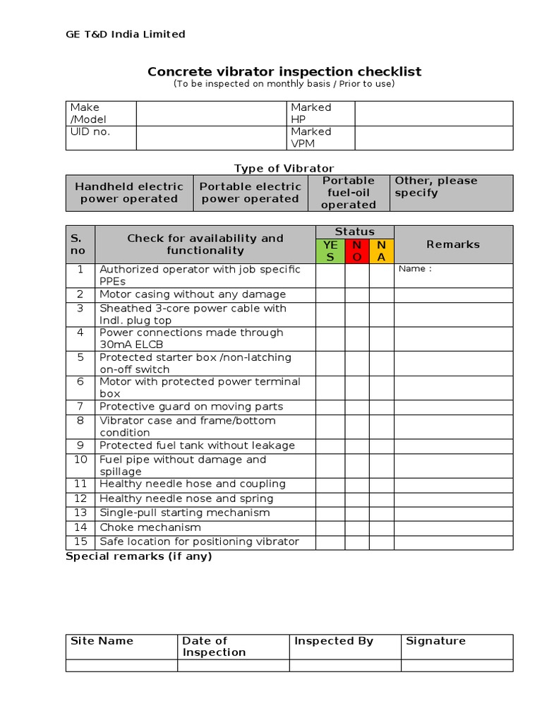 Concrete Vibrator Checklist Ver 0 PDF
