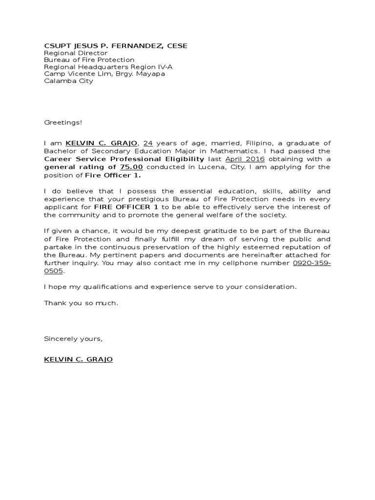 application letter of bfp
