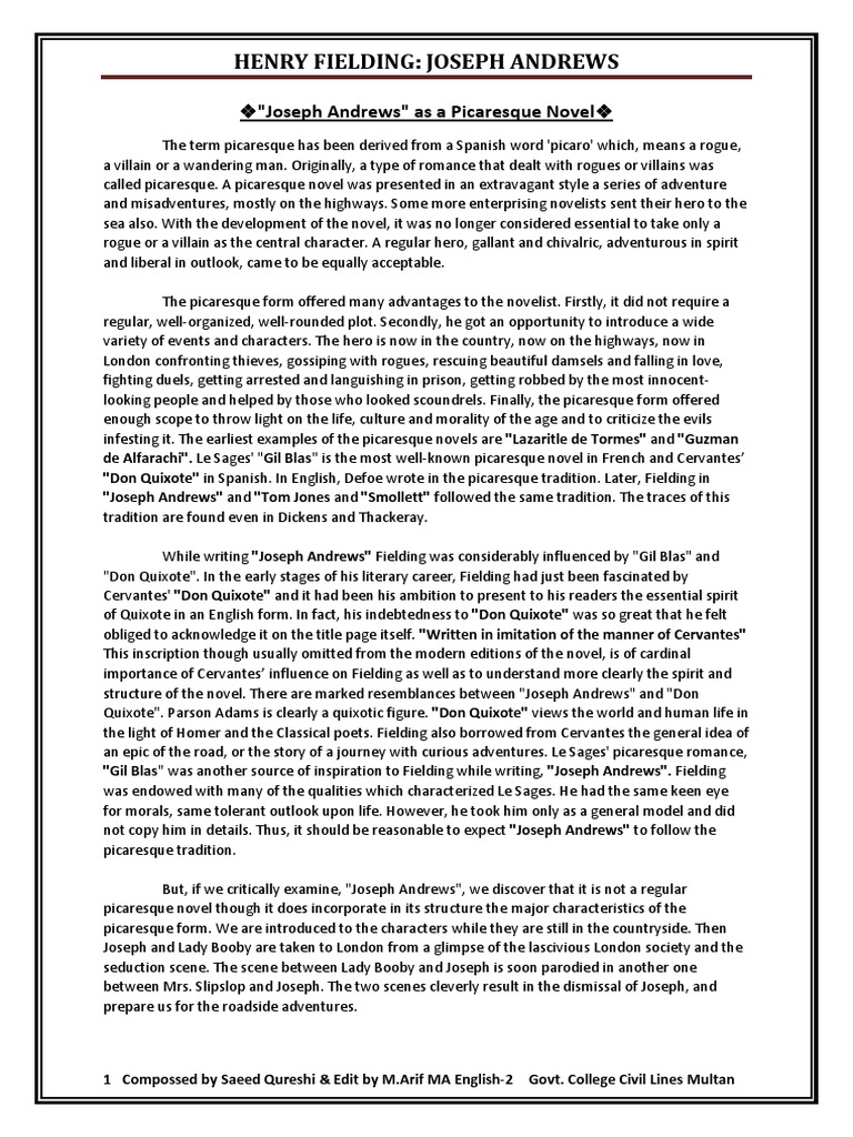 Fielding's Picaresque Novel Joseph Andrews PDF Don Quixote Miguel