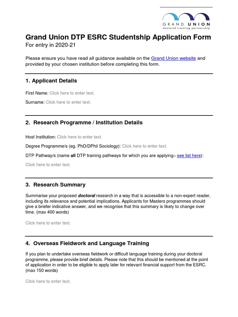 Grand Union DTP ESRC Application Form | PDF | Doctor Of Philosophy ...