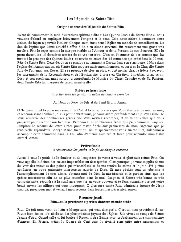 Neuvaine Sainte Rita Cause Désespérée Pdf Gratuit Les 15 Jeudis de Rita PDF | PDF | Moniale | Prière