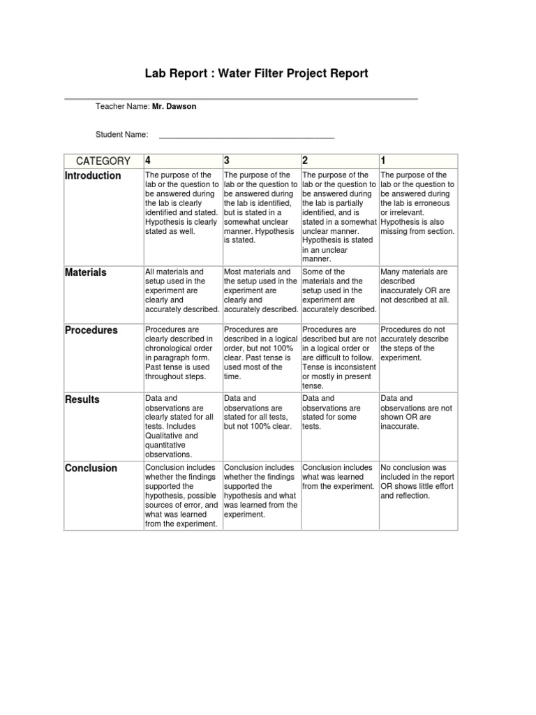 Water Filter Lab Report Rubric PDF Observation Experiment