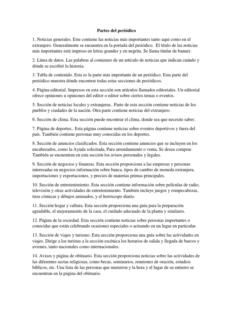 Las diferentes secciones de un periódico y sus funciones | PDF