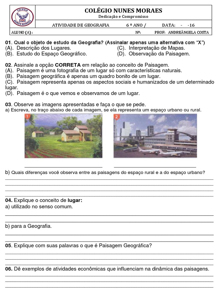 Atividades de Geografia: Espaço e Paisagem 6º Ano | PDF | Paisagem ...