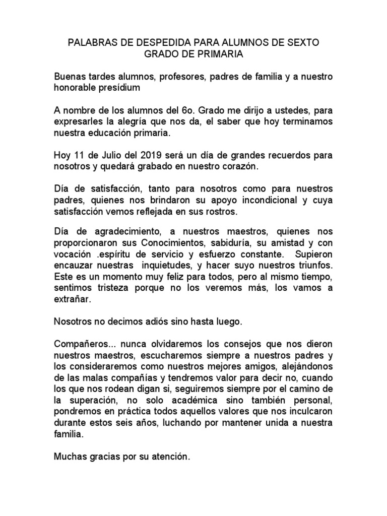 Despedida emotiva para alumnos de sexto grado | PDF | Relaciones ...