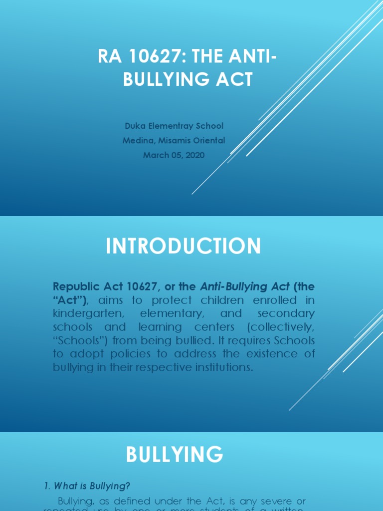 RA 10627: Anti-Bullying Act Overview | PDF | Bullying | Injustice
