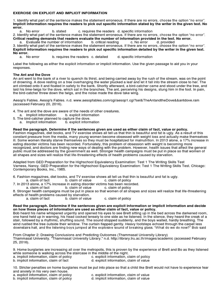 Exercise on explicit and implicit information pdf eating disorder