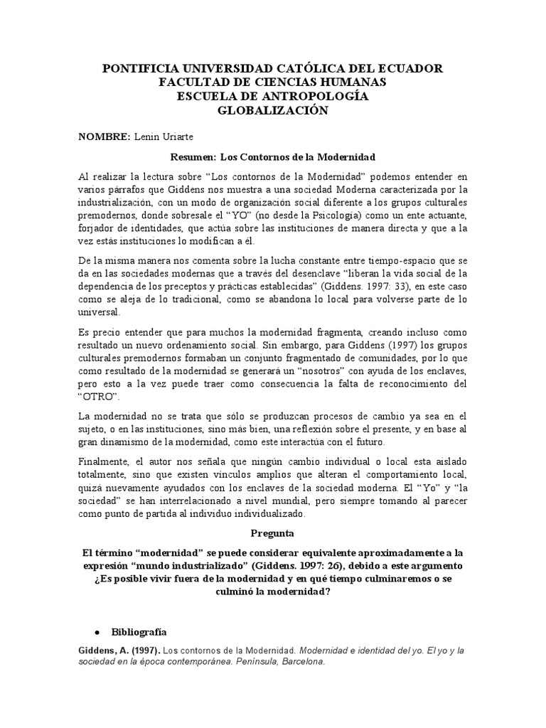 Los Contornos de La Modernidad Giddens PDF Modernidad Antropología