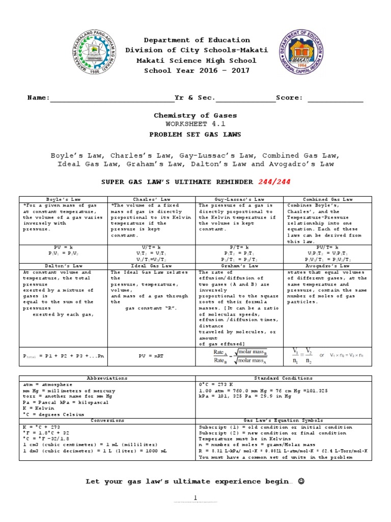 Copy Of Keyproblemset Gas Laws Mole Unit Gases