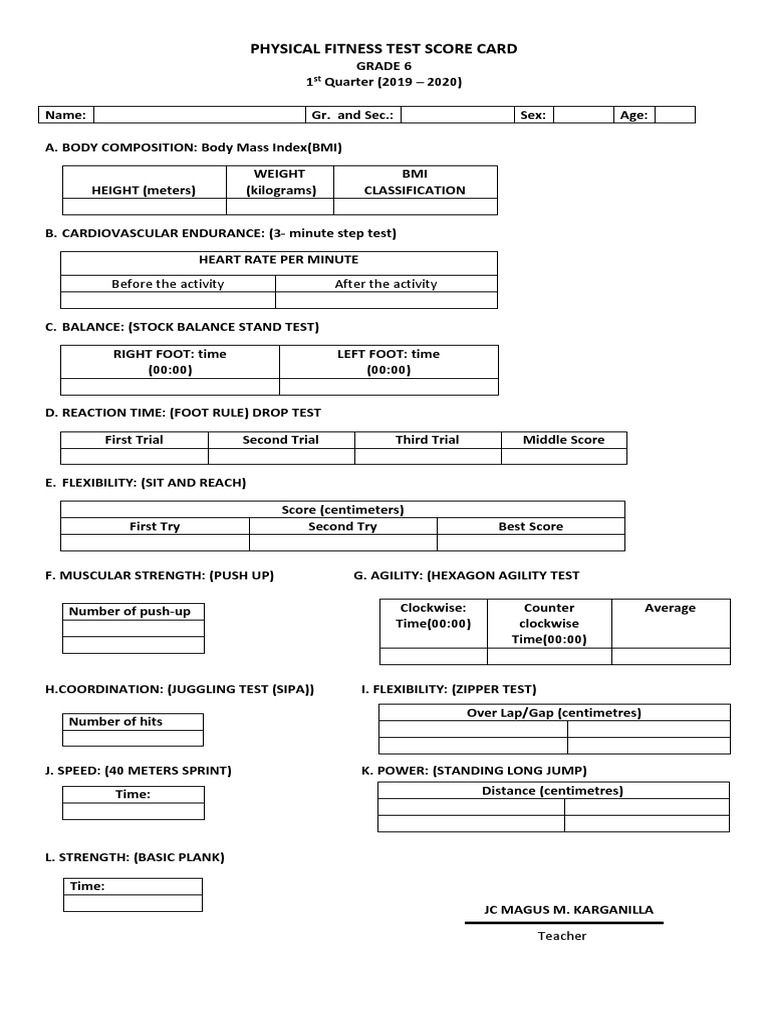 Physical Fitness Test Score Card Pdf
