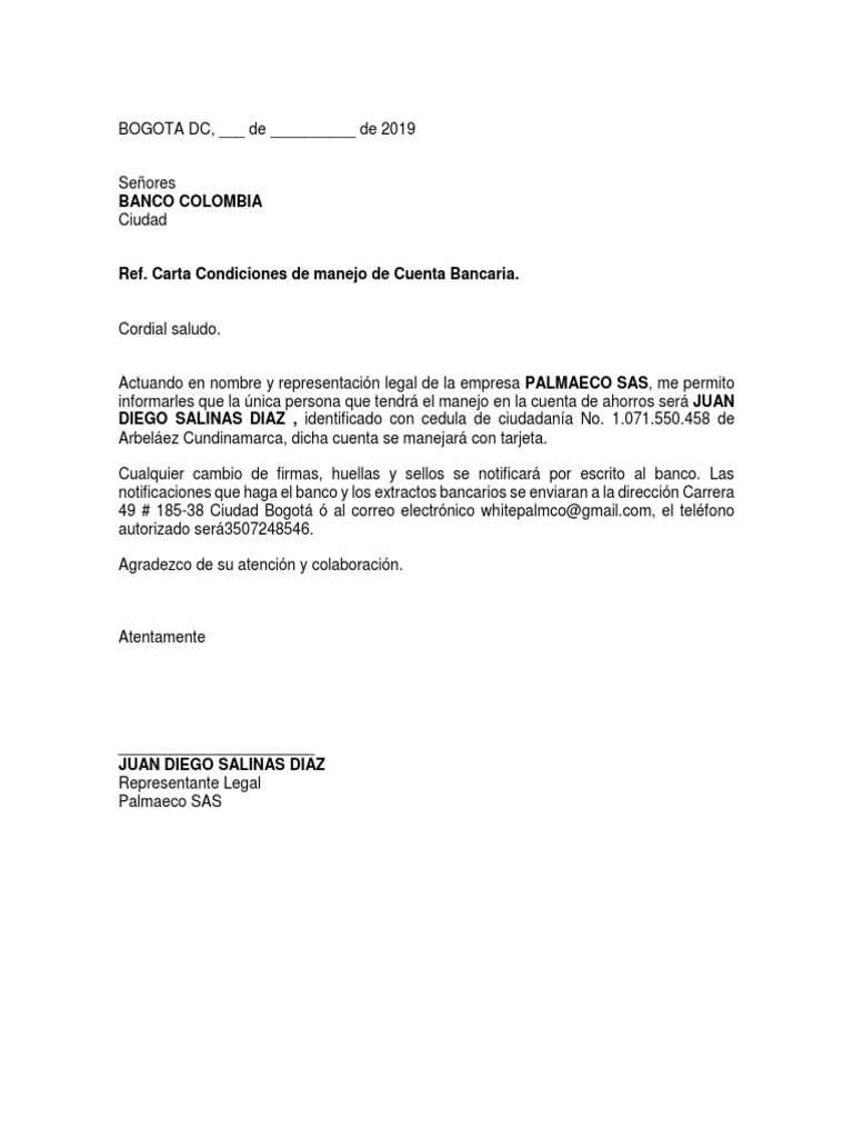 Carta Condiciones De Manejo De Cuenta Bancaria Pdf