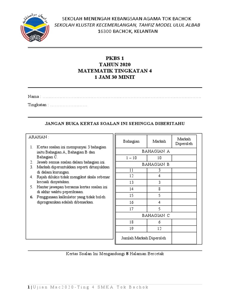 Ujian 1 Matematik Tingkatan 4 2020 Pdf