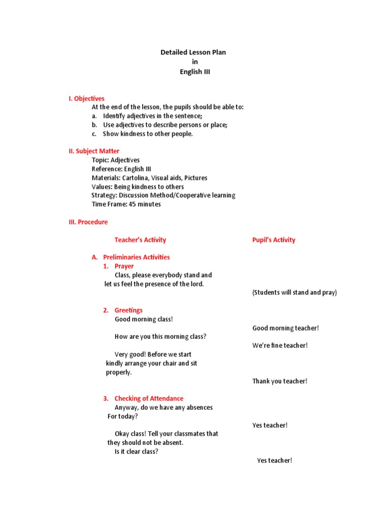 Adjective Lesson Plan for Grade 3 | PDF | Adjective | Pronoun