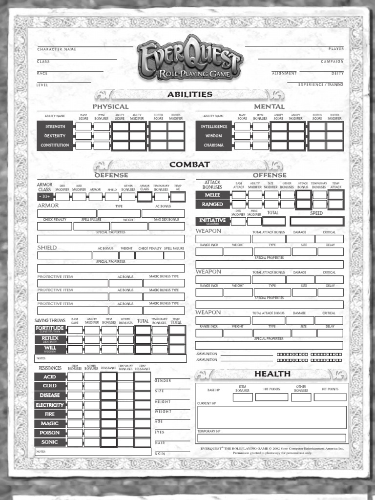 EQ Character Sheet Gaming Role Playing Games