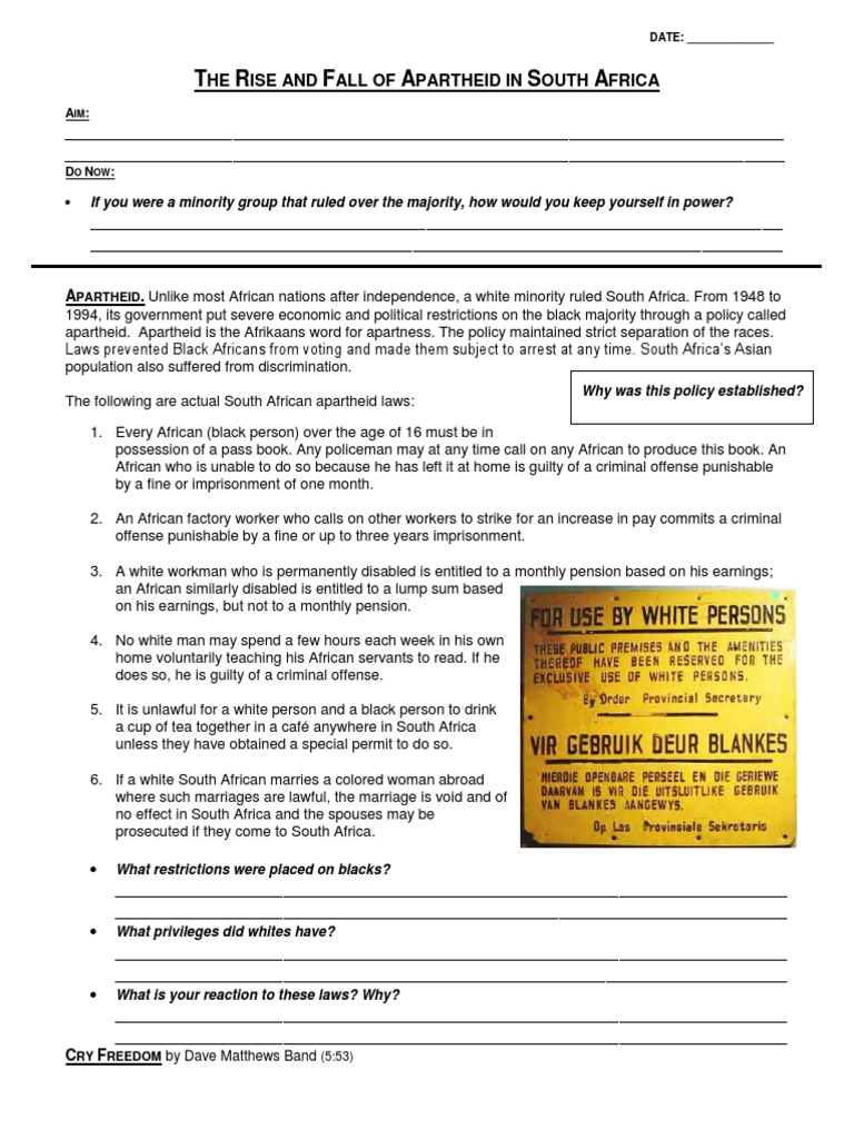 Apartheid in South Africa Mandela Global World History Common Core | PDF |  Apartheid | South Africa