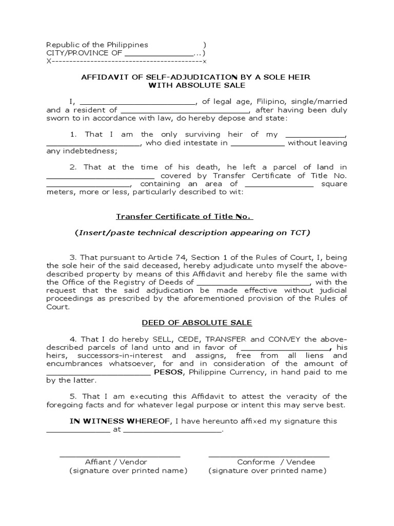 Affidavit of SelfAdjudication with Absolute Sale Affidavit