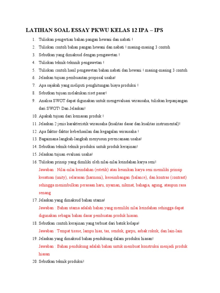 Soal Essay Us Sma Pkwu