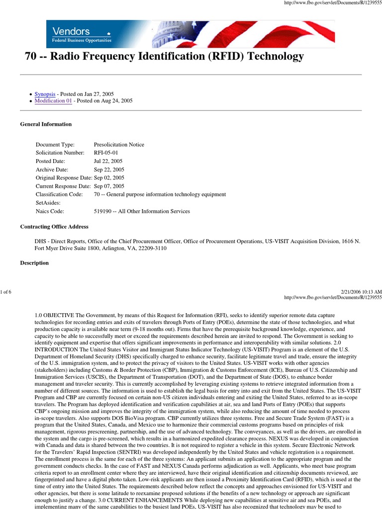 DHS-RFID | Radio Frequency Identification | U.S. Customs And Border