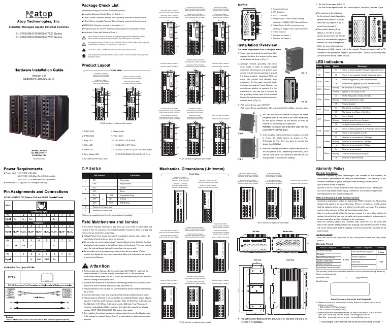 Product specifications and installation instructions for an industrial