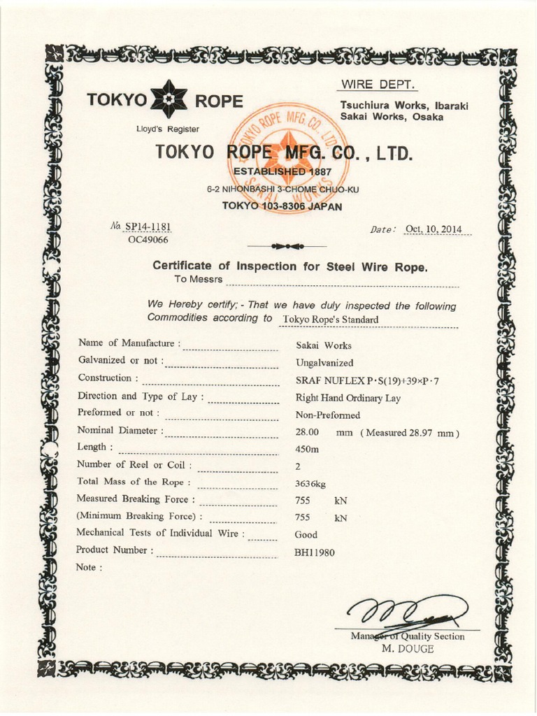 280ton WIRE ROPE CERTIFICATE PDF