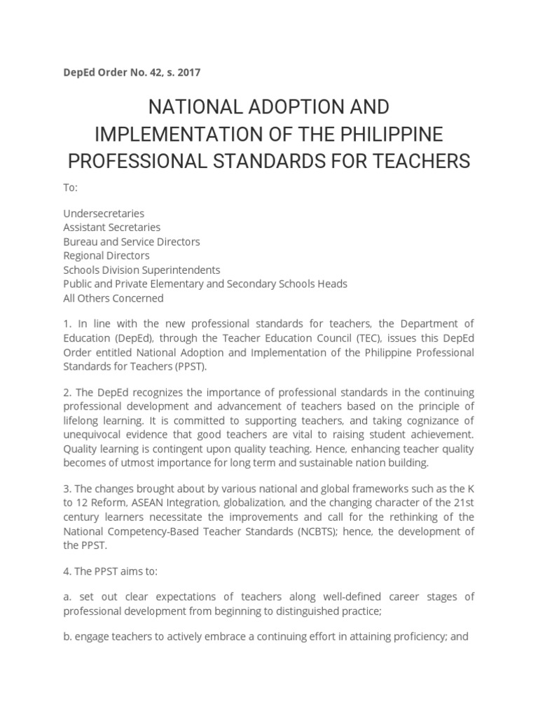 DepEd Order 42: PPST Implementation | PDF | Teachers | Learning