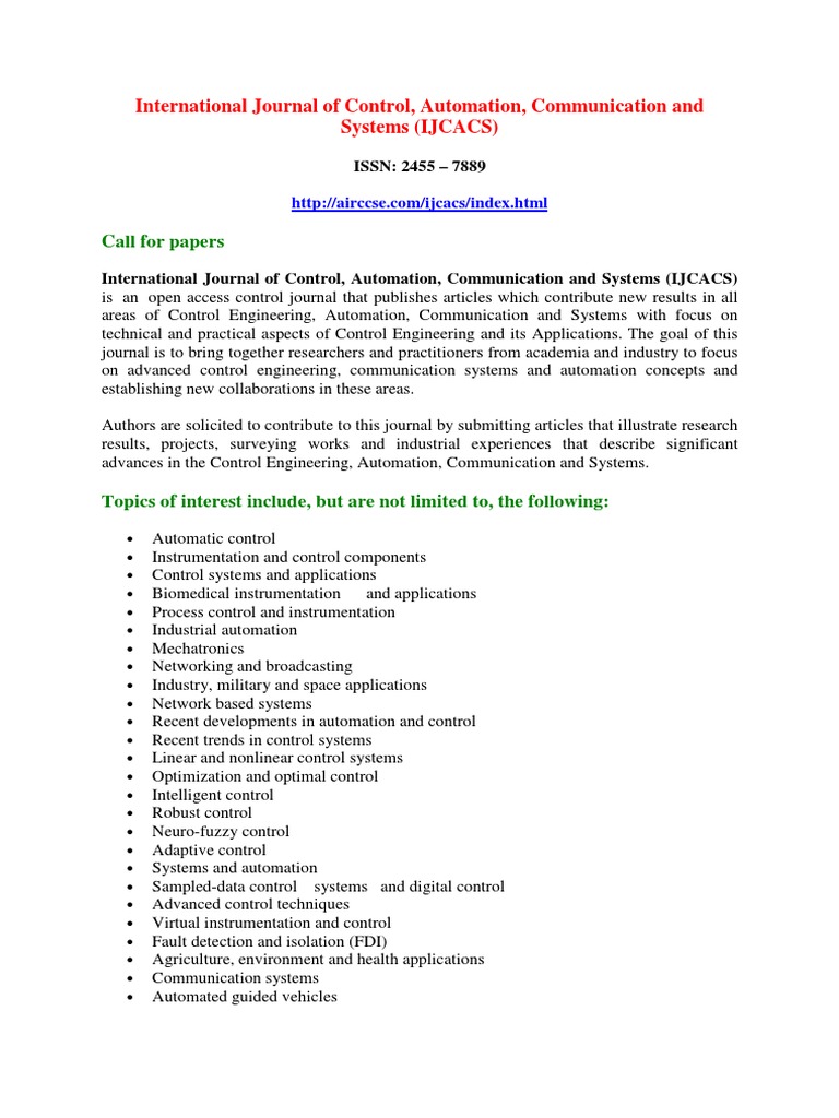 International Journal of Control, Automation, Communication and Systems
