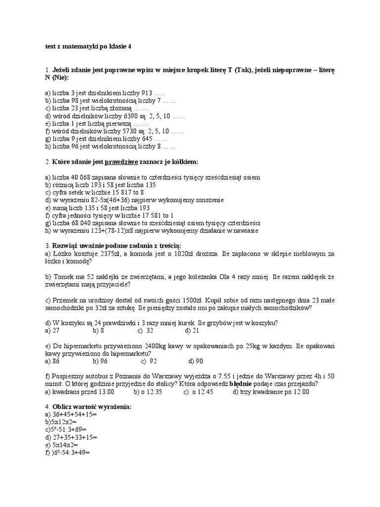Test Z Matematyki Po Klasie 4