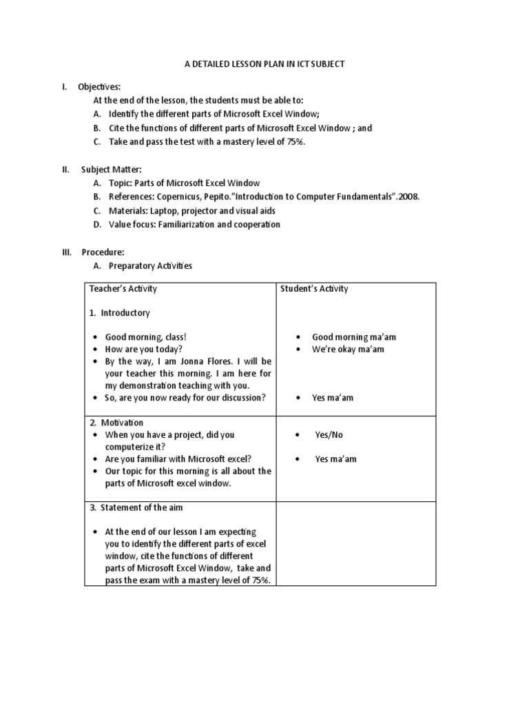 A Detailed Lesson Plan in ICT Subject | PDF | Spreadsheet | Worksheet