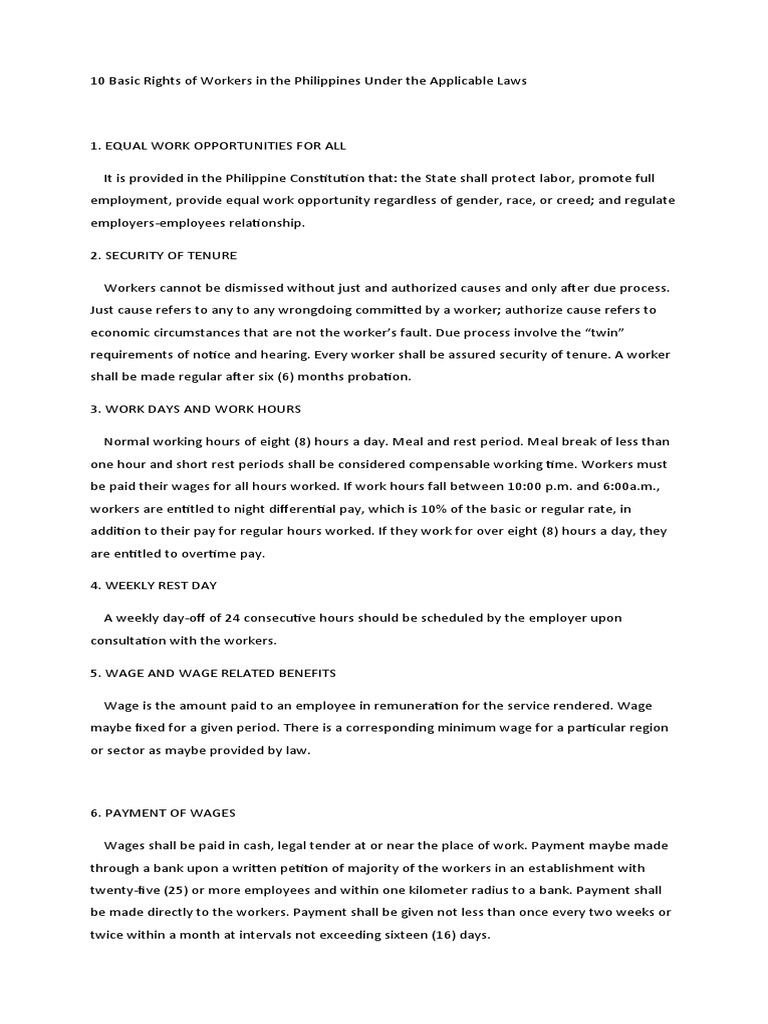 10 basic rights of workers in the philippines under the applicable laws
