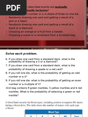 Mutually Exclusive-Inclusive Events Quiz | PDF