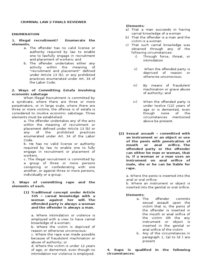 Criminal Law 2 Finals Reviewer | PDF | Rape | Assault
