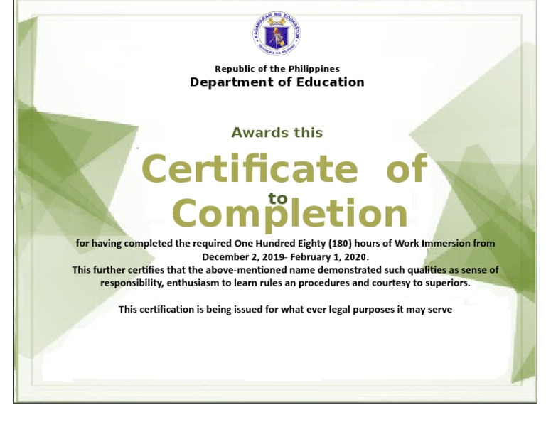 Certificates of Immersion Completion | PDF