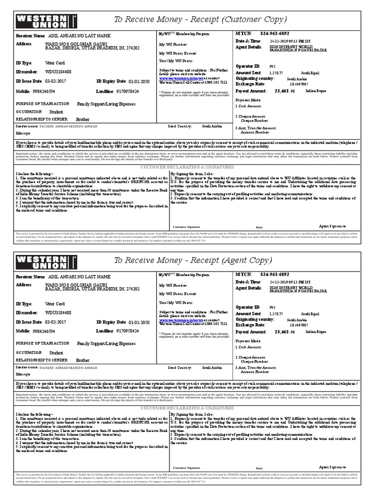WuposReceipt PDF | PDF | Western Union | Cheque