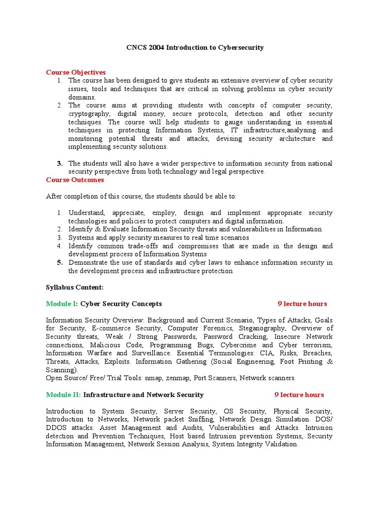 Cybersecurity Course Overview and Objectives | PDF | Computer Security ...