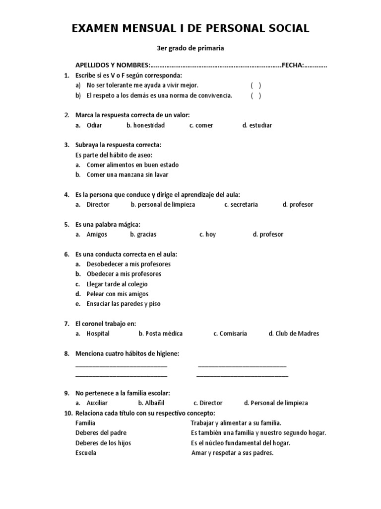 Examen Mensual I de Personal Social | PDF | Artes del Lenguaje y ...