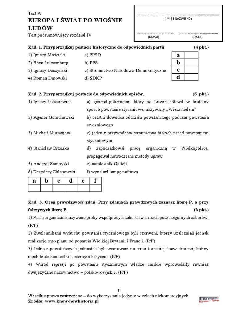Sprawdzian Historia Europa I świat Po Wiośnie Ludów
