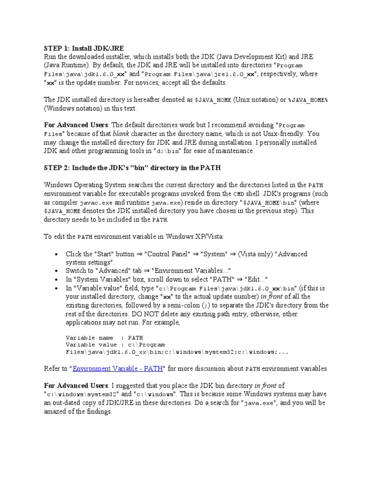 STEP 1: Install JDK/JRE: Environment Variable - PATH | PDF | Java ...