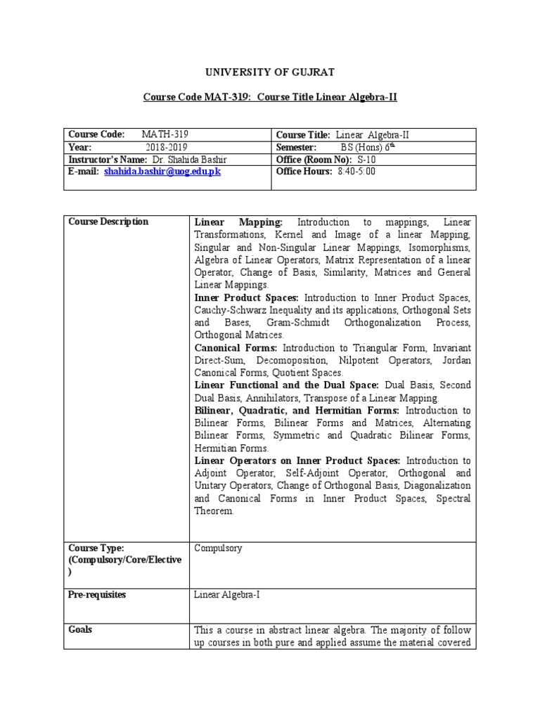 Linear Algebra-II Course Guide | PDF | Linear Algebra | Matrix Theory
