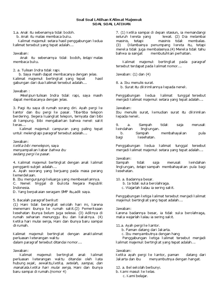 Soal Soal Latihan Kalimat Majemuk