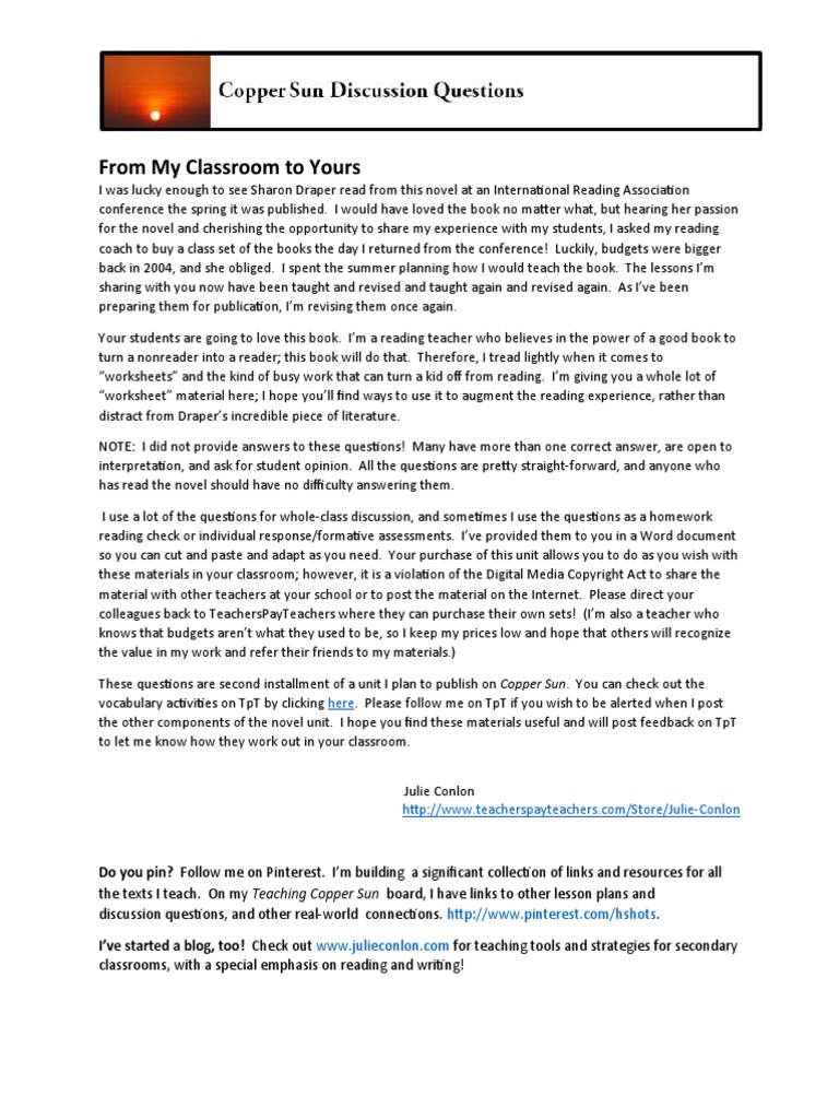 Copper Sun Chapterby Chapter Discussion Questions PDF