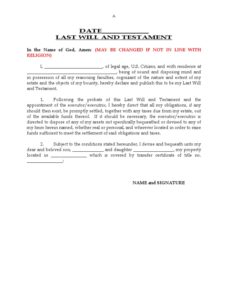 Last Will and Testament Template | PDF