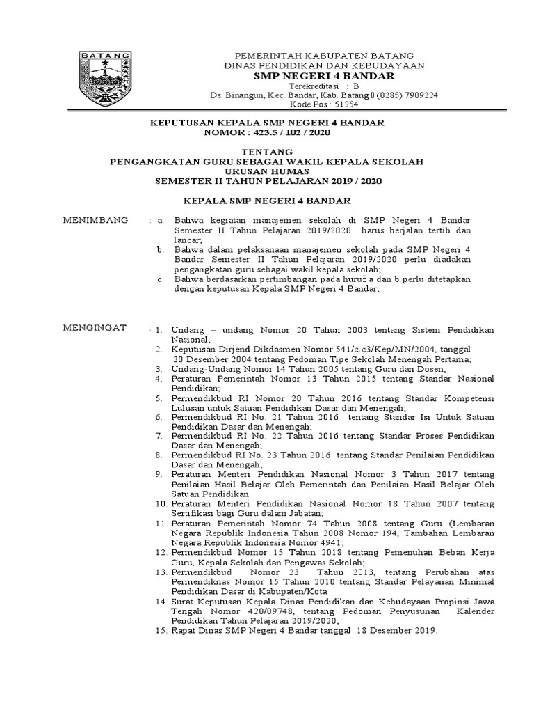 SK Pengangkatan Waka Humas SMP 4 | PDF
