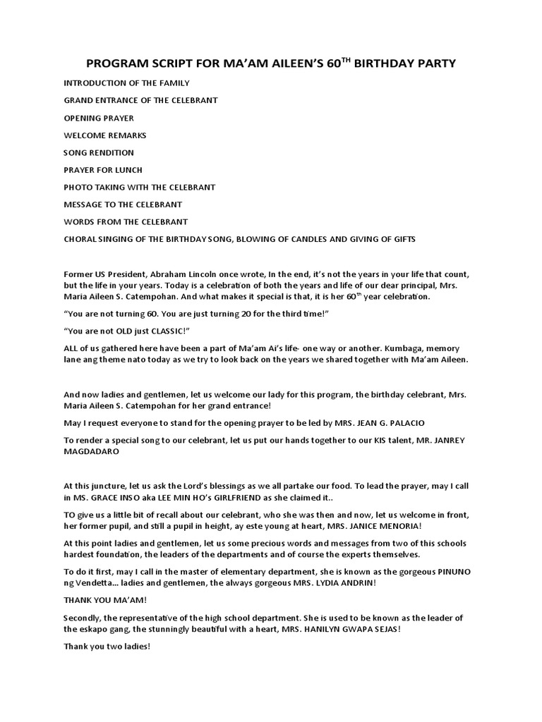 60th Birthday Program Script for Ma'am Aileen | PDF