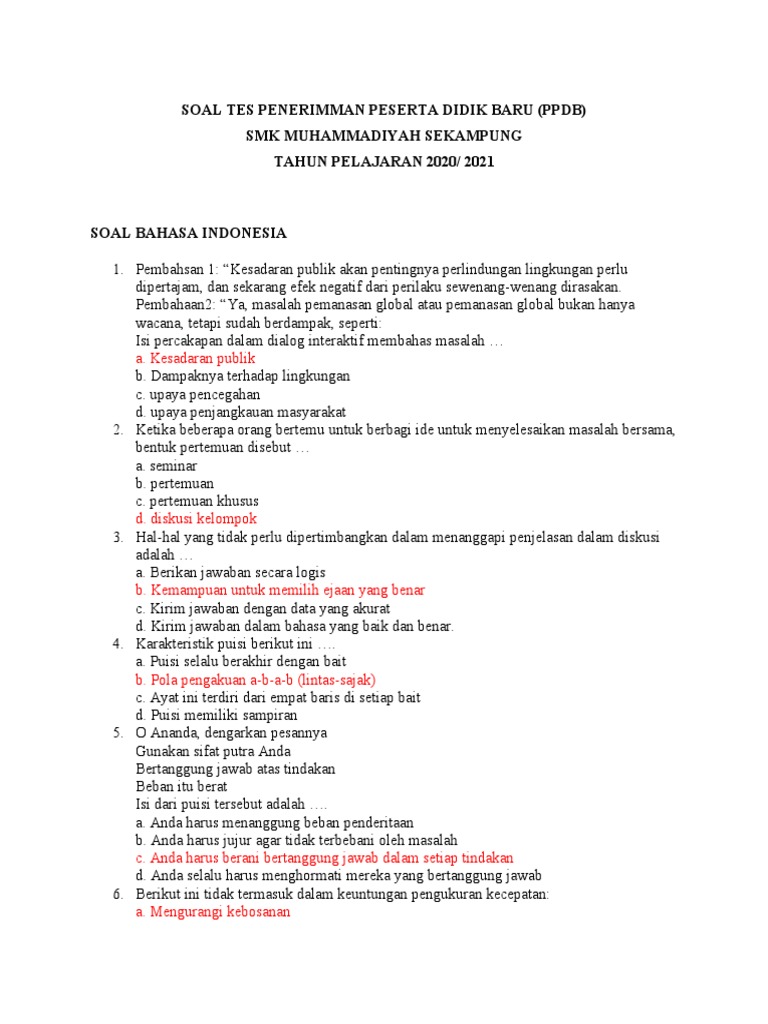 Soal Tes Penerimman Peserta Didik Baru