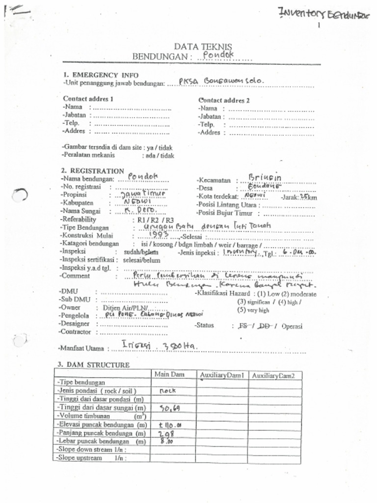 Data Teknis Bendungan Pondok | PDF