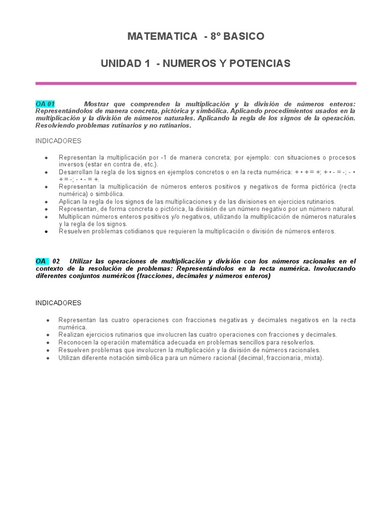 Matemáticas 8° Básico: Números y Operaciones | PDF | Números ...